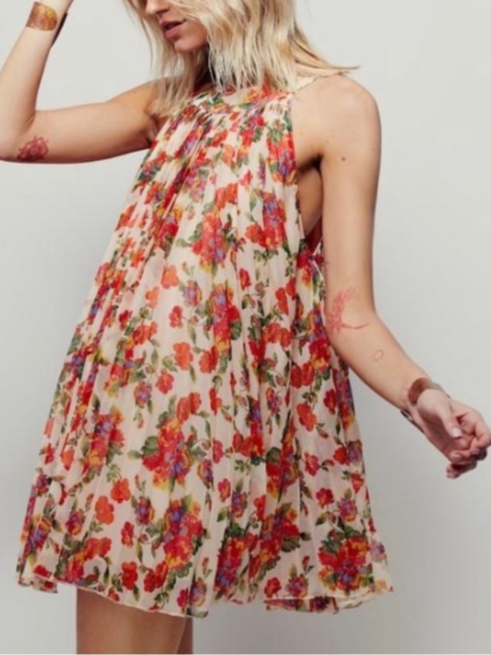 NWT retail $128 size M #FreePeople “Floral Pleated Trapeze Mini Dress”